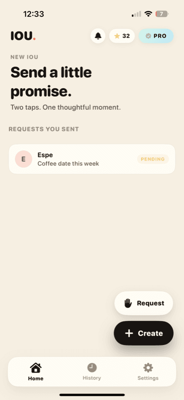 Home screen showing a received IOU in the inbox