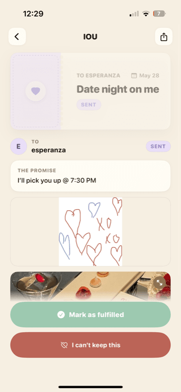 An IOU you just sent showing the coupon you designed